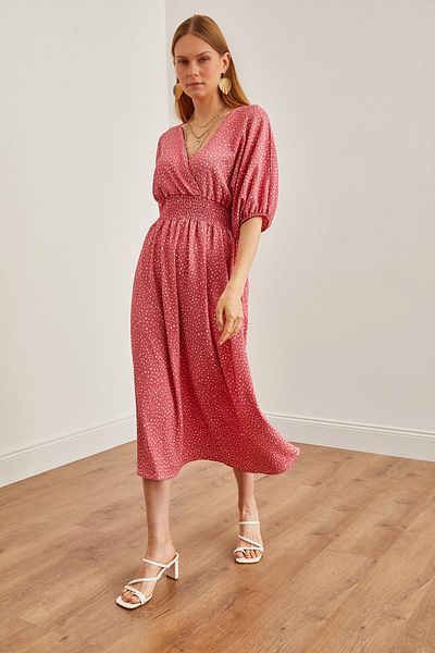 Olalook Damen-Midikleid mit gepunkteter rosa Taille und zweireihigem Ausschnitt ELB- 19002100