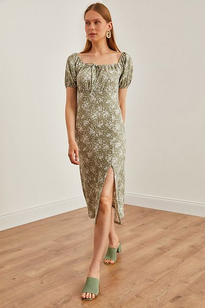 Olalook Φόρεμα Khaki Midi - Floral print, κορδόνια και σκίσιμο ELB-19002186