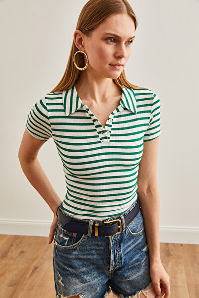 Olalook Emerald Polo γιακάς Χοντρό ριγέ γυναικεία μπλούζα Lycra - με κουμπιά BLZ-19002558