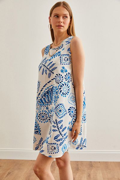 Olalook Μπλε λινό φόρεμα Viscose A Form - ELB-19002139