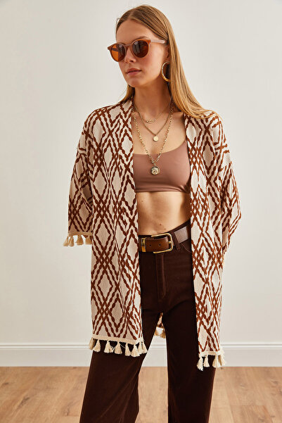 Olalook Neformálne kimono s diamantovým vzorom s hnedým strapcom - KMN-00000056