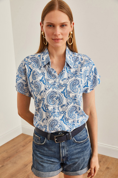 Olalook Cămașă albastră cu model pentru femei - mânecă liliac, țesătură GML-19000576