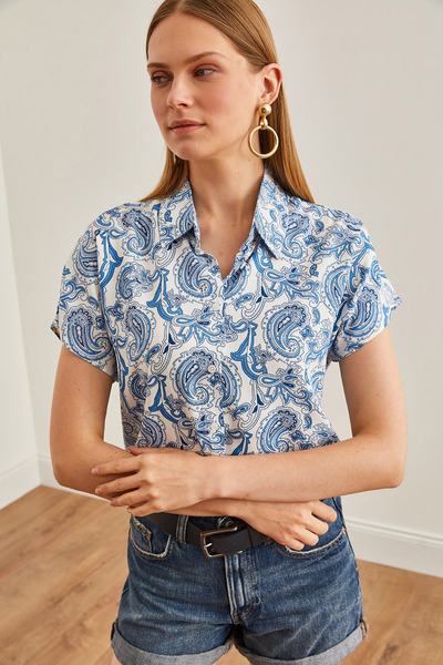 Olalook Cămașă albastră cu model pentru femei - mânecă liliac, țesătură GML-19000576