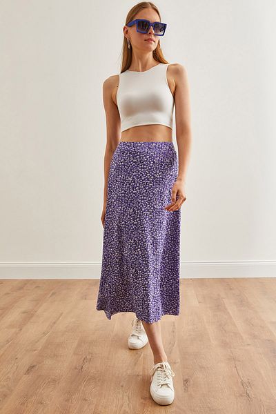 Olalook Daisy Lilac gemusterter langer Damenrock - elastischer Bund ETK-19000259