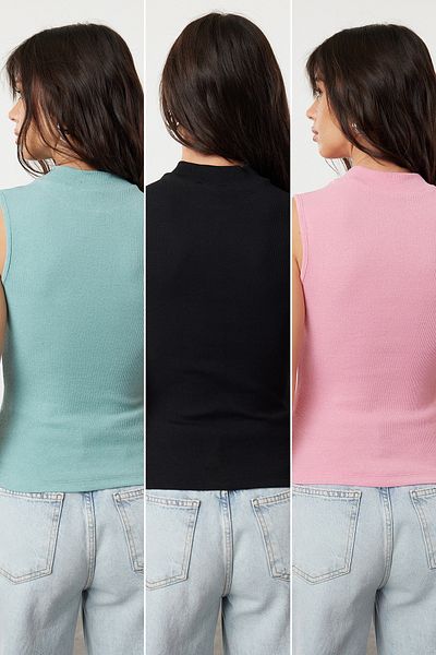 Trendyol Collection 3er-Pack Schwarz-Rosa-Mintfarbene flexible Kordelbluse TWOSS24BZ00560 - Tailliert