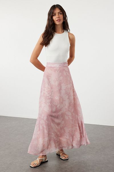 Trendyol Collection Hellrosa Chiffon-Maxirock – A-Linien-Passform, ausgestelltes Futter, gewebt – TWOSS24ET00224