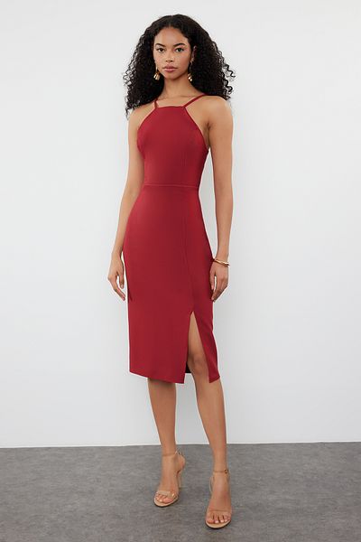 Trendyol Collection Rochie midi cu decolteu burgundă - Fustă creion țesută, TWOSS19BB0501