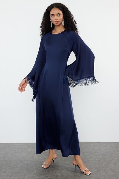 Trendyol Modest Tkané večerní šaty Jalabiya v námořnické modré barvě Otriş TCTSS24DB00053