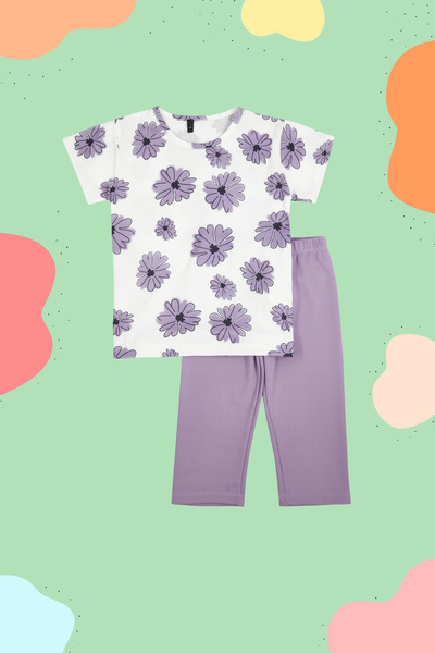 TRENDYOLKIDS Lilac Girl Cotton Flower Printed Patterned T-Shirt-Leggings Knitted Bottom-Top Suit Tkdss24Au00032