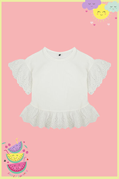 TRENDYOLKIDS Ecru dívčí bavlněné pletené tričko s krátkým rukávem a detailem na konci rukávu TKDSS24TS00008