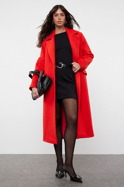 Trendyol Collection Roter Wollmantel im Regular-Stil mit Taschendetail, TWOAW25KB00014