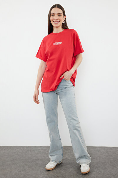 Trendyol Collection Red Oversize Knitted T-Shirt - Back and Front Printed, 100% Cotton - TWOSS24TS00183