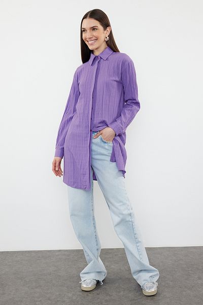 Trendyol Modest Μωβ υφασμένο πουκάμισο Midi τσαλακωμένο - TCTSS24TG00067