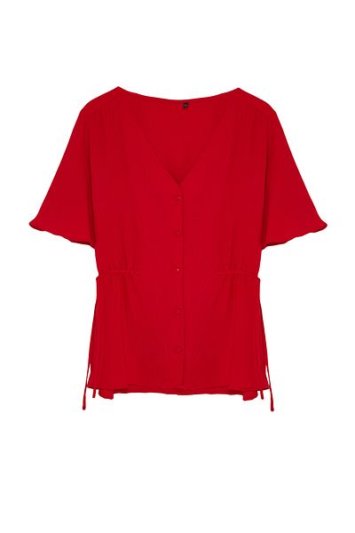 Trendyol Curve Rote gewebte Bluse mit V-Ausschnitt und Bindeband TBBSS22BZ0753