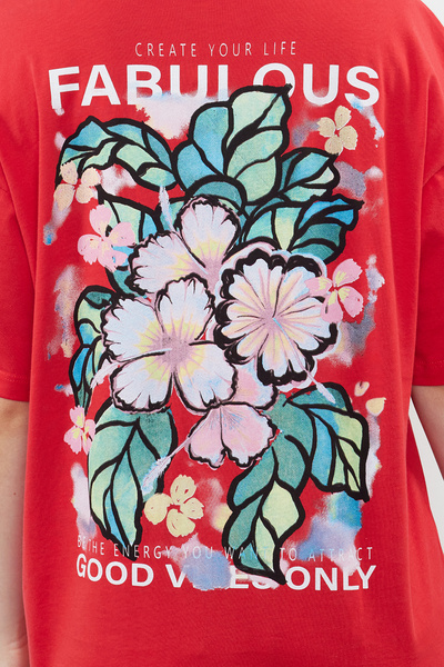 Trendyol Collection Red Oversize Knitted T-Shirt - Back and Front Printed, 100% Cotton - TWOSS24TS00183