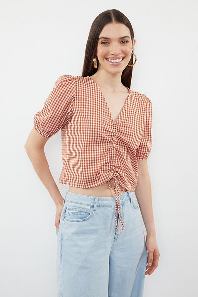 Trendyol Collection Bluză Crop Gingham de culoare cărămidă - TWOSS24BZ00643