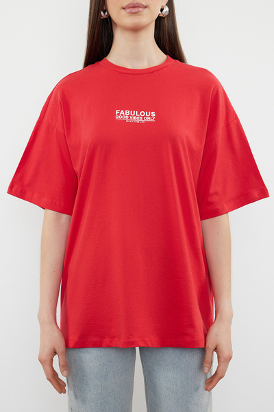 Trendyol Collection Red Oversize Knitted T-Shirt - Back and Front Printed, 100% Cotton - TWOSS24TS00183