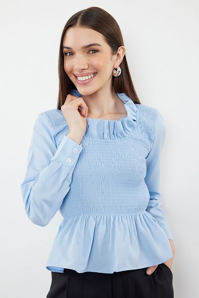 Trendyol Collection Μπλε μπλούζα Frilly ελαστική υφαντή TWOSS24BZ00531