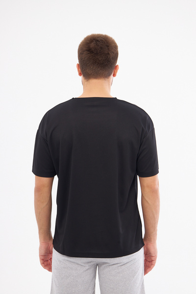Moda Işık Αθλητικό μπλουζάκι Ανδρικό εμπριμέ μαύρο ύφασμα με στρογγυλή λαιμόκοψη