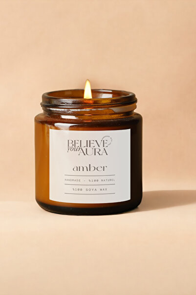 Believe Your Aura Amber Kokulu Mum - %100 Doğal Soya Mumu Amber Kavanoz Aromaterapi Mum - 100 cc