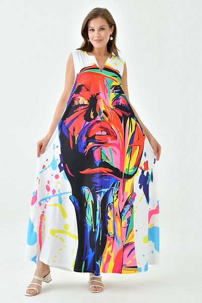 lovebox Digital Printed - Pocket Detailed Sleeveless Oversize Maxi Women's Dress 10072