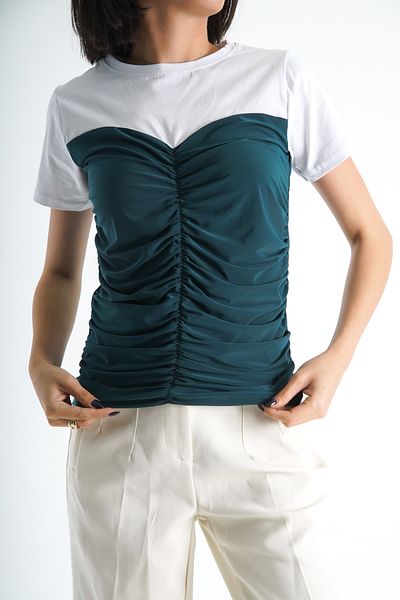 Moda Değirmeni Tricou alb-verde pentru femei - Gâtul turn, drapat în față BG1193-314-0001