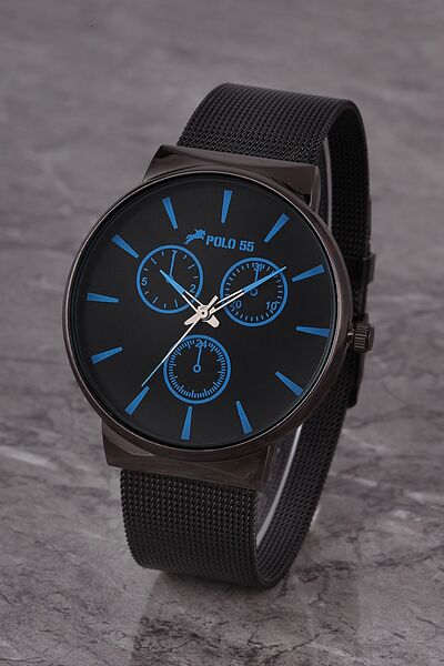Polo55 Siyah- Mavi Dekoratif Göstergeli Kadran Hasır Kordon Erkek Kol Saati