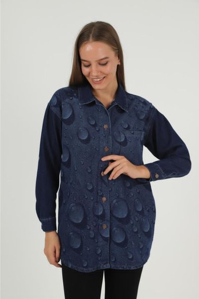 İgnites Kadın 3d Damla Desen Düğmeli Tek Cepli Denim Gömlek