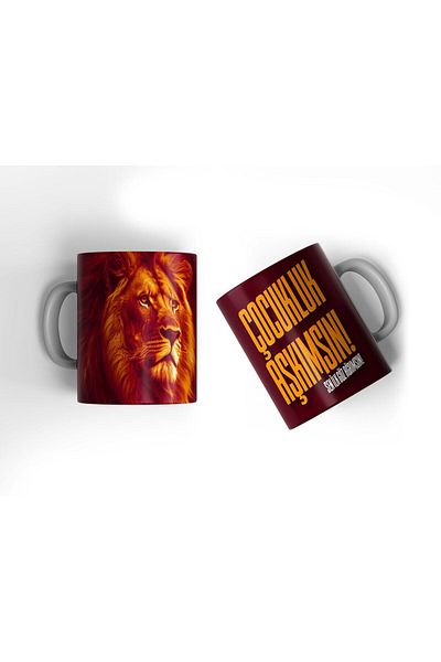 OFFSIDE Lion Patterned Yellow Red Childhood Mug - Printed Cup, Coffee Color Porcelain Gift Mug