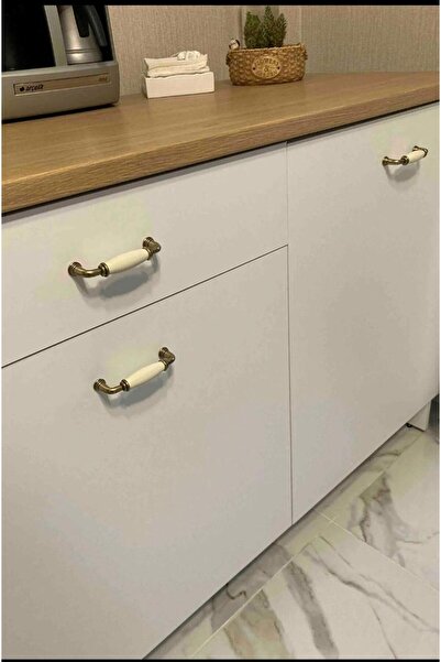 Porcellana Perla -porselen Kulp Dolap Çekmece Mobilya Mutfak -yakut 96mm- Krem -antiksarı-stk837