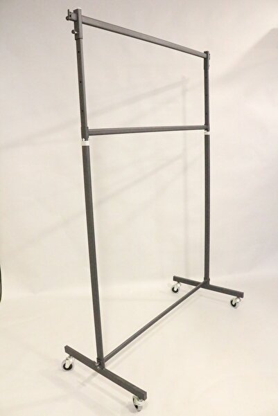 Acar Raf Lüks Çift Katlı Askılık Tekerlekli Ayarlanabilir Askılık Siyah