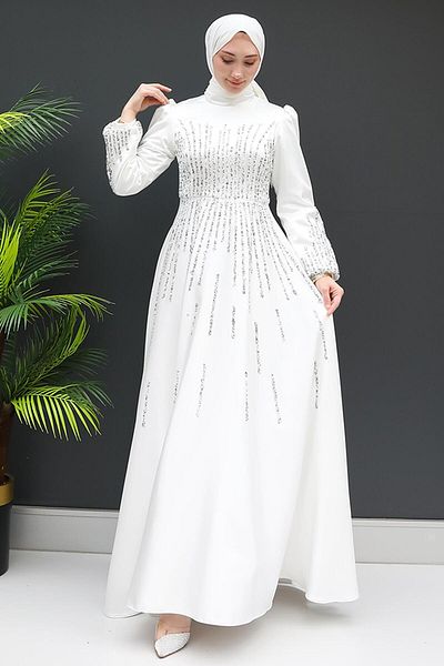 GİZ AGİYİM Aysu Stone Hijab Βραδινό Φόρεμα Λευκό
