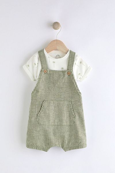 Next Baby Green Striped Cotton Salopet Body and Bodysuit Set