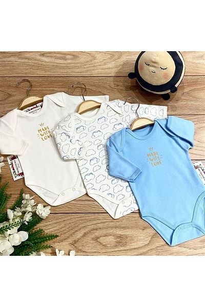 Renkli Puset 3-Piece Combed Cotton Baby Long Sleeve Bodysuit Set Cloud Pink Blue Brown