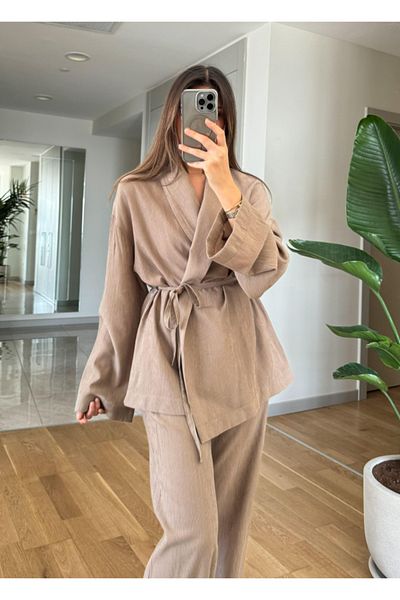 My Blog Σετ κιμονό και παντελόνι γιακά σάλι Mink Color