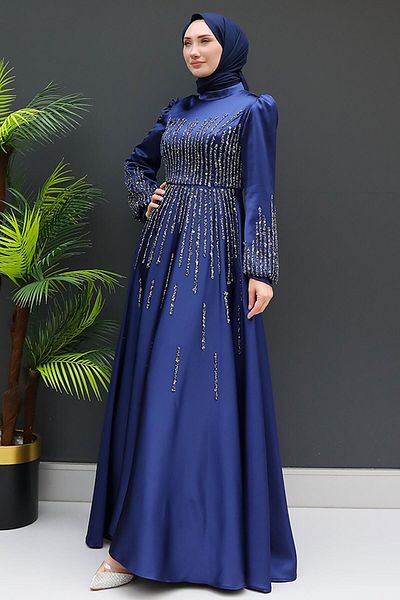 GİZ AGİYİM Navy Blue Hijab Evening Dress - Aysu with Stone Detail