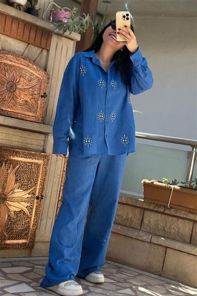 My Blog Blue Embroidered Shirt and Wide Leg Pants Set
