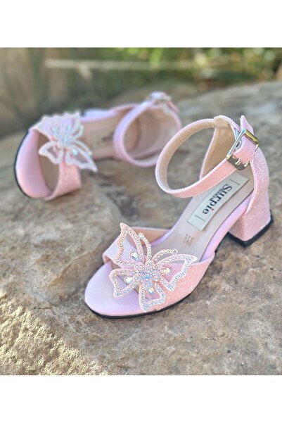 Surpie Shoes Kız Çocuk Topuklu Ayakkabı, Kelebek Detaylı Topuklu Ayakkabı