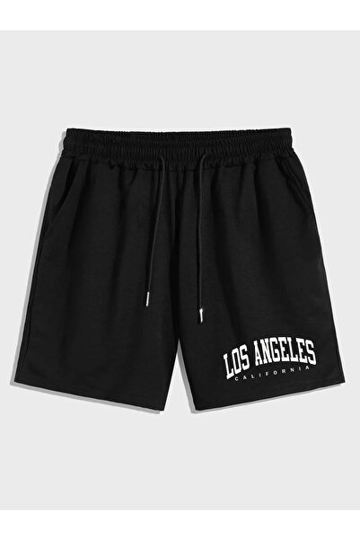 Harmandar Los Angeles California Baskılı Siyah Tekli Cepli Kadın/Erkek Unisex Şort