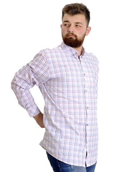 ModeXL Mode Xl Büyük Beden Erkek Gömlek Ekose Uzun Kollu 23300 Somon