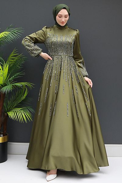 GİZ AGİYİM Βραδινό φόρεμα Khaki Hijab - Aysu Stone Detailed