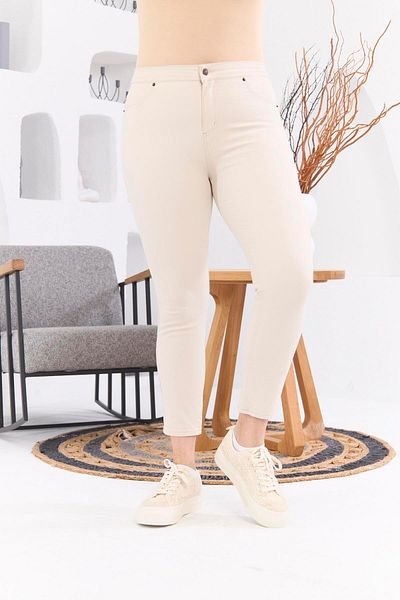 RMG Cream Colored Plus Size Cotton Trousers - Pocket Detailed
