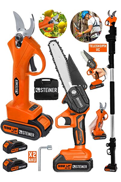 STEİNER Alman 598 Vf 20 Ah 2 Li Set 2 Akülü Şarjlı Ağaç Dal Kesme Budama Makası Testere Teleskopik