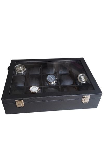 ÖZER KUTU 15 Pieces Leather Clock & Clamp Locked Table with Glass Cover Black / Black Leather Inside