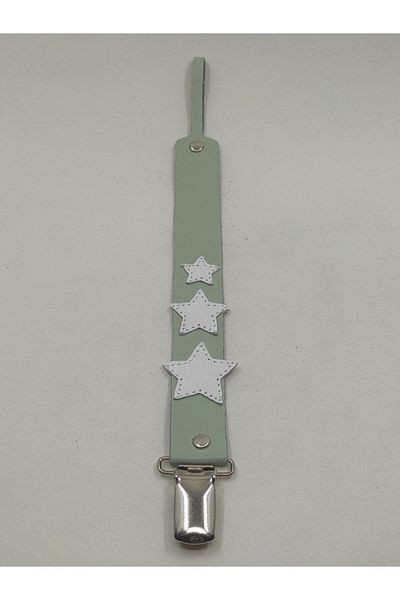 MODAPATİK Water Green Pacifier Strap - Genuine Leather - With Star Image
