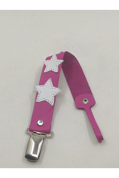 MODAPATİK Fuchsia Pacifier Strap - Genuine Leather - With Star Image