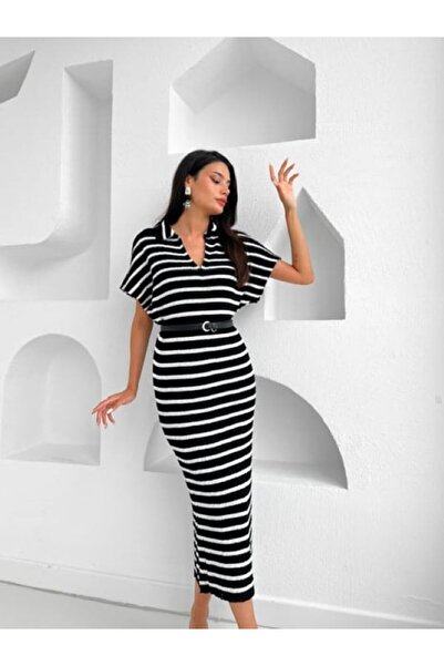 Laluvia Černo-krémové proužkované polo šaty s rozparkem