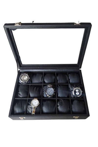 ÖZER KUTU 15 Pieces Leather Clock & Clamp Locked Table with Glass Cover Black / Black Leather Inside