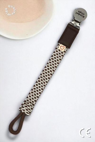 Kinder Clips Coffee Color Pacifier Hanger - Stainless Steel Clip and Cotton Weave Stainless Steel Clip