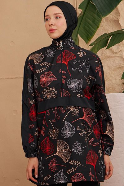 Starinci Mayo Black Poppy Patterned Hijab Swimsuit - Kangaroo Model Woven
